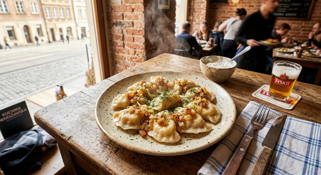 A professional, high-angle editorial shot of a steaming plate of authentic Polish pierogi served on