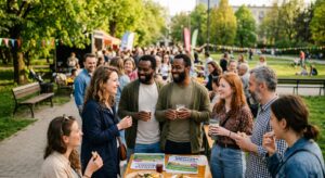 A high-quality, editorial-style photograph of diverse people smiling and conversing at an outdoor ne