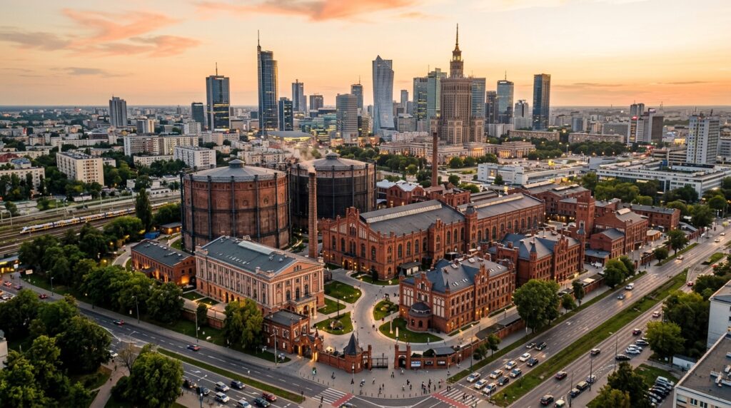 A cinematic, high-angle editorial shot of the historic Warsaw Gasworks in Wola, featuring its iconic
