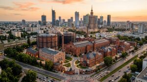 A cinematic, high-angle editorial shot of the historic Warsaw Gasworks in Wola, featuring its iconic