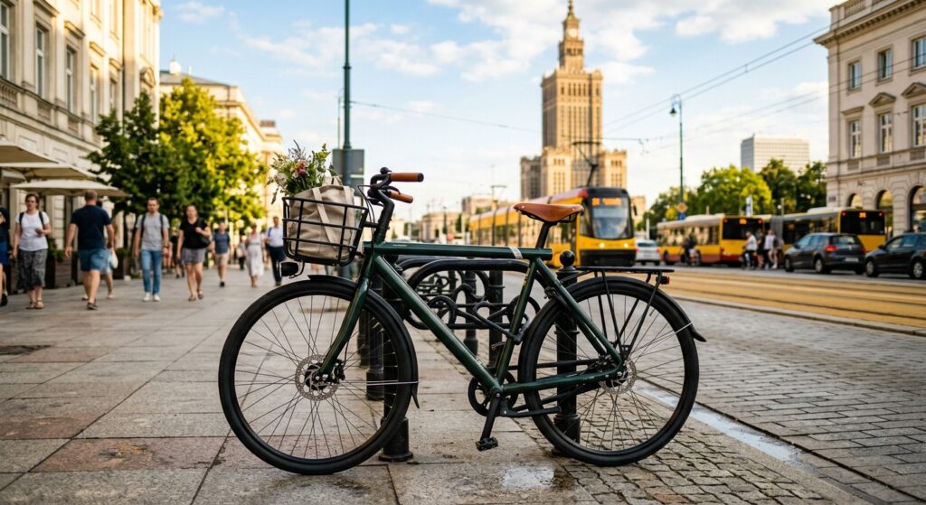 A professional, editorial-style photograph of a modern city bike parked on a sunlit Warsaw street wi