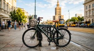 A professional, editorial-style photograph of a modern city bike parked on a sunlit Warsaw street wi
