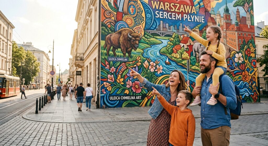 A vibrant, high-quality editorial shot of a happy family pointing and looking at a colorful, large-s