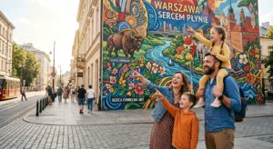 A vibrant, high-quality editorial shot of a happy family pointing and looking at a colorful, large-s