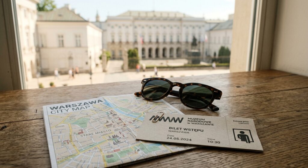 A professional, minimalist editorial composition featuring a pair of stylish sunglasses and a city m