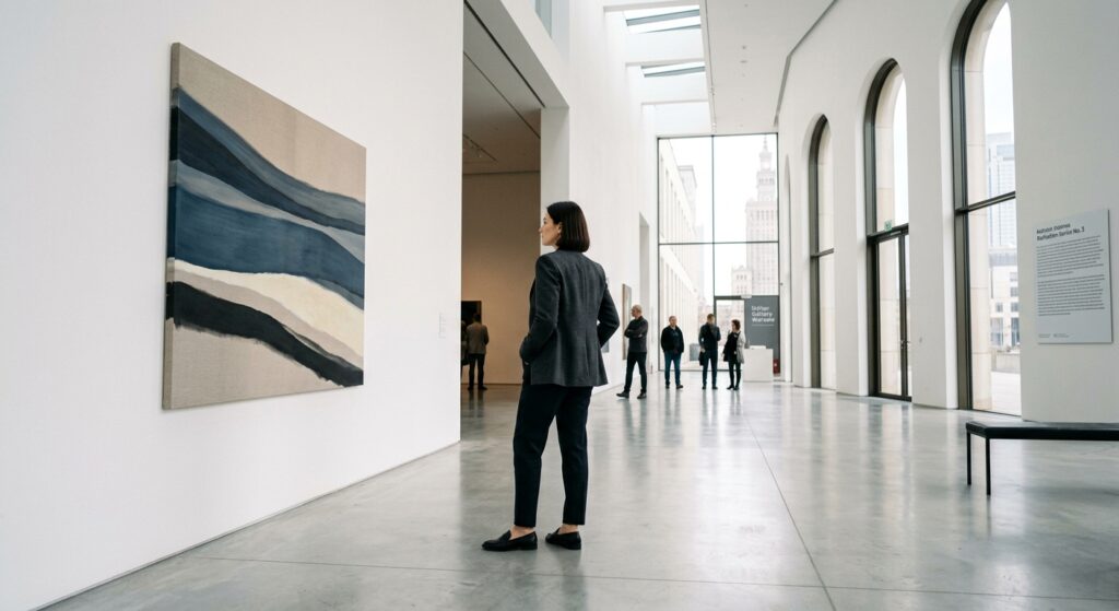 A professional, cinematic shot of a stylish visitor contemplating a minimalist abstract painting in
