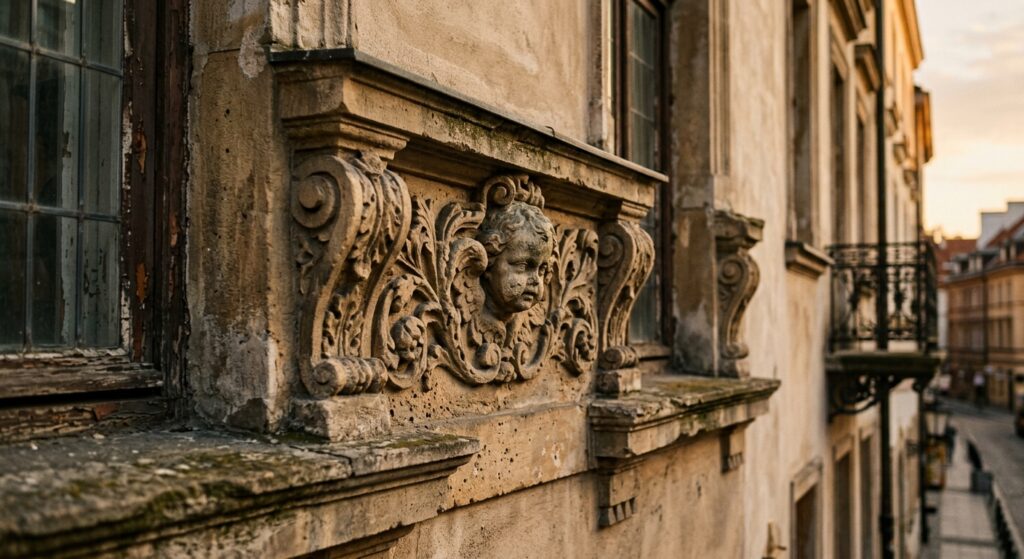 A sophisticated, editorial-style close-up shot focusing on a weathered, ornate stone architectural d