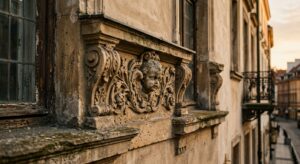 A sophisticated, editorial-style close-up shot focusing on a weathered, ornate stone architectural d