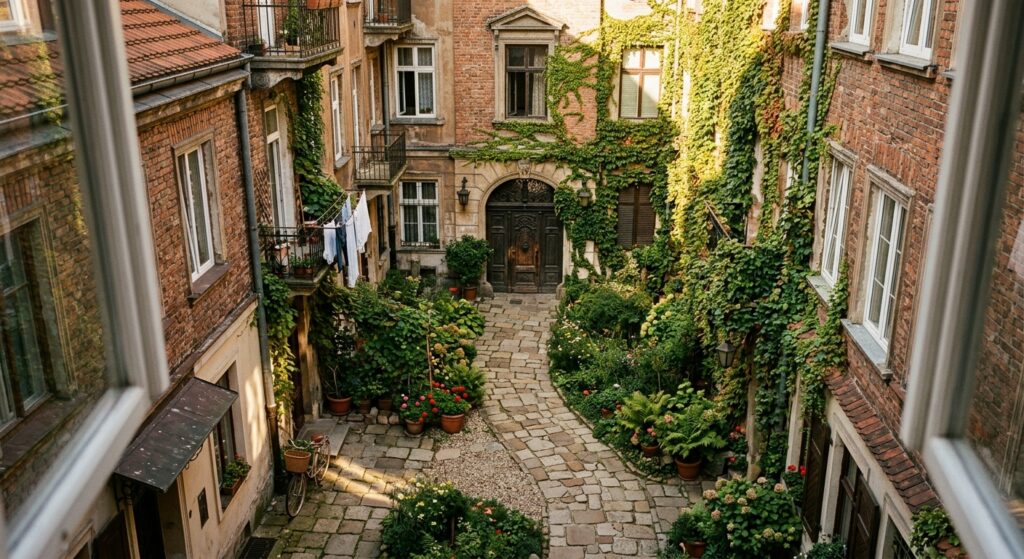 A high-angle editorial photograph of a secret, sunlit Warsaw courtyard in Śródmieście, featuring age