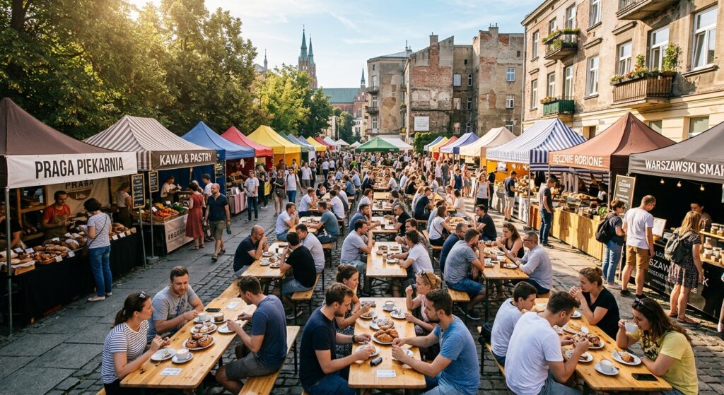 A high-angle editorial shot of a vibrant outdoor breakfast market in Warsaw’s Praga district, featur