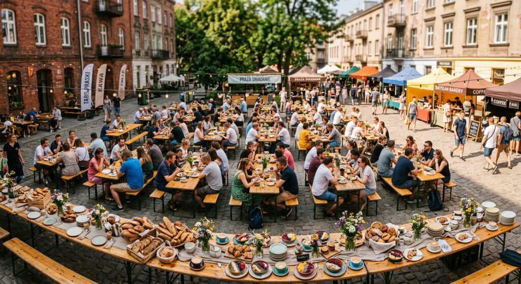 A vibrant, high-angle editorial shot of a sunny outdoor breakfast market atmosphere in Warsaw’s Prag