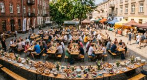 A vibrant, high-angle editorial shot of a sunny outdoor breakfast market atmosphere in Warsaw’s Prag