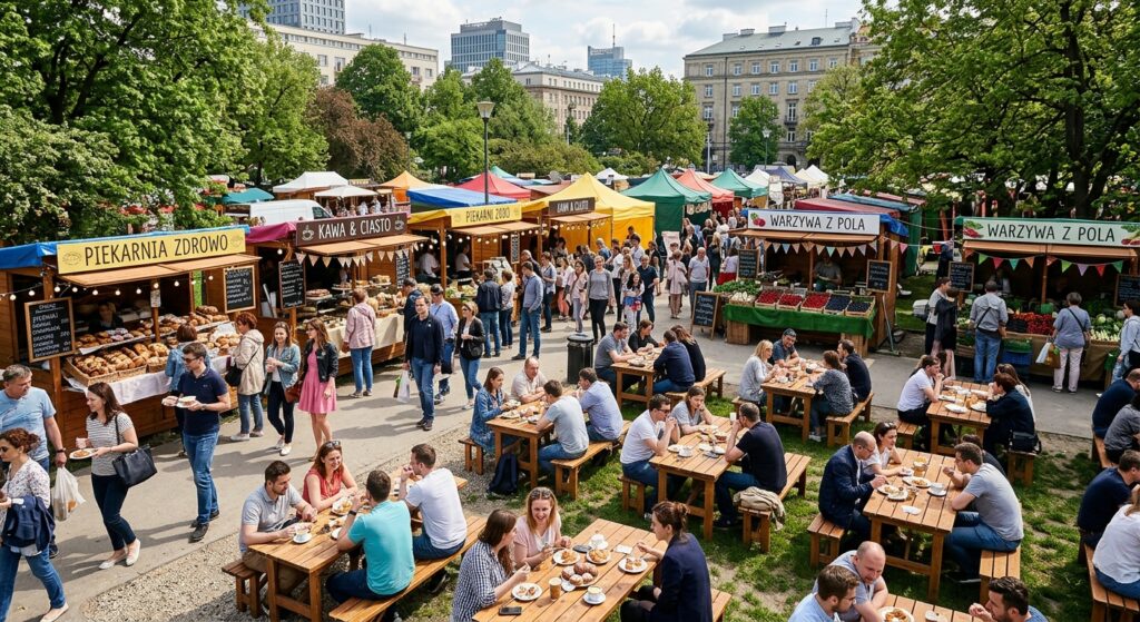 A high-angle, editorial-style photograph of a bustling Warsaw breakfast market scene, featuring colo