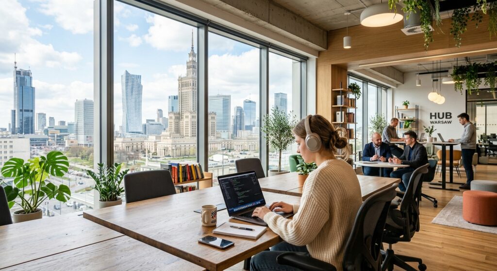A professional, modern coworking space in Warsaw with a city view through large windows, featuring a
