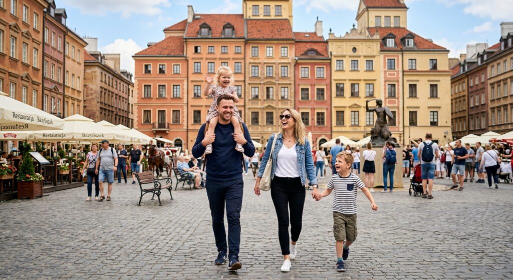 A high-quality editorial shot of a joyful family walking through Warsaw's Old Town square on a sunny