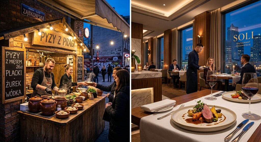 A high-quality editorial split-screen composition featuring a rustic, gourmet street food stall in P
