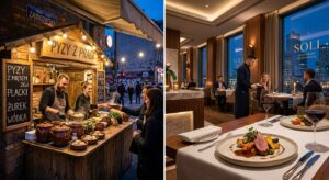 A high-quality editorial split-screen composition featuring a rustic, gourmet street food stall in P