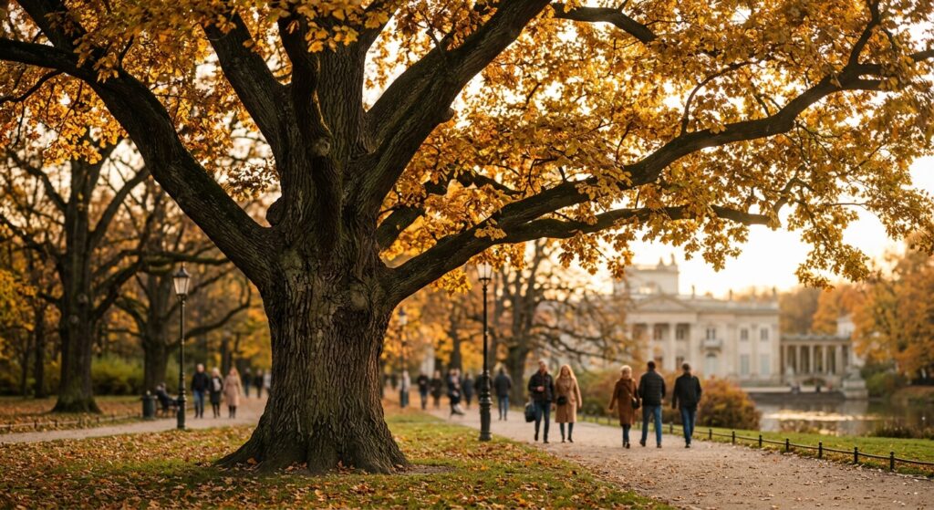 A professional, editorial-style photograph of a majestic, ancient oak tree in Warsaw's Łazienki Park