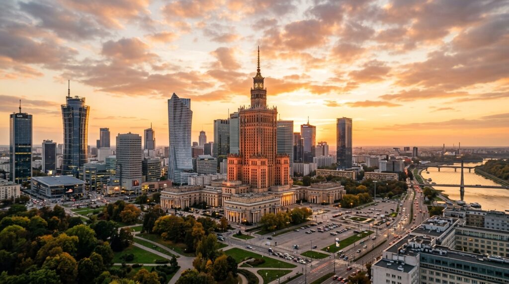 A professional wide-angle cityscape photograph of Warsaw’s skyline at golden hour, featuring the Pal