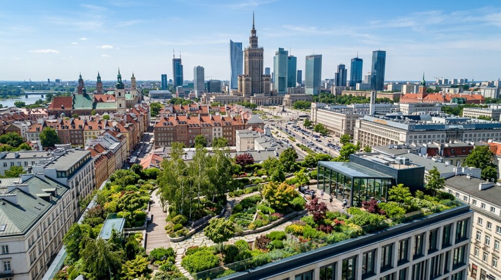 A high-angle editorial shot of a lush green rooftop garden nestled among the historic and modern arc