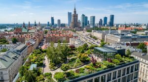 A high-angle editorial shot of a lush green rooftop garden nestled among the historic and modern arc