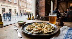 A close-up, professional food photography shot of a steaming plate of traditionally handmade Polish
