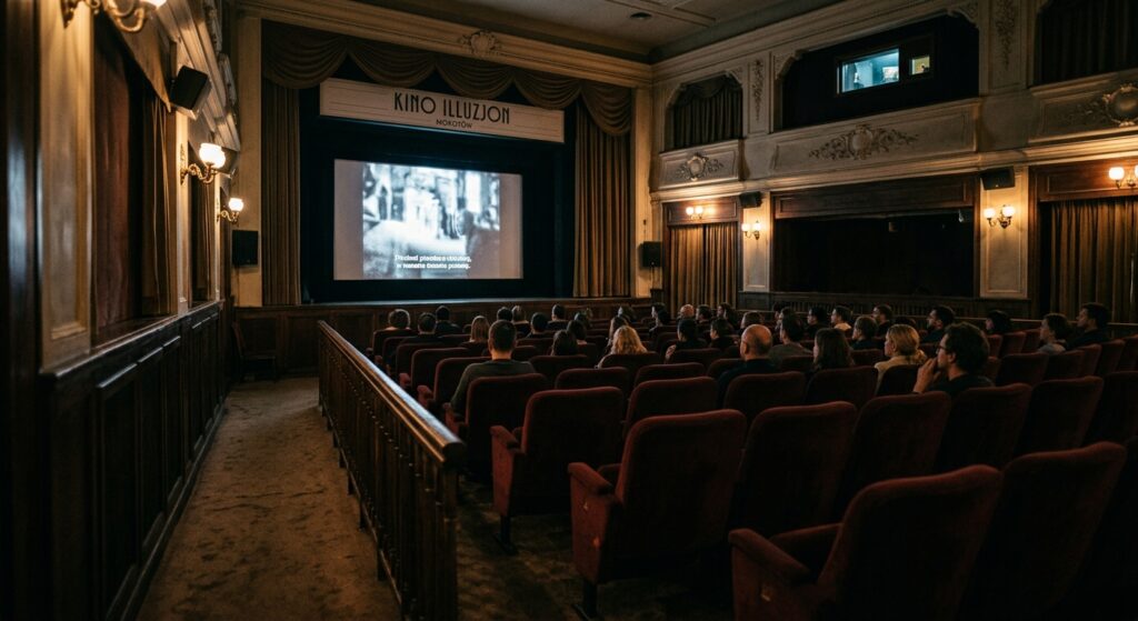 A cinematic, atmospheric shot of a cozy, vintage independent cinema interior in Warsaw’s Mokotów dis