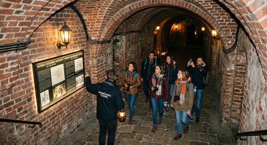 A cinematic, high-angle editorial photograph of a group of curious tourists exploring a dimly lit, h
