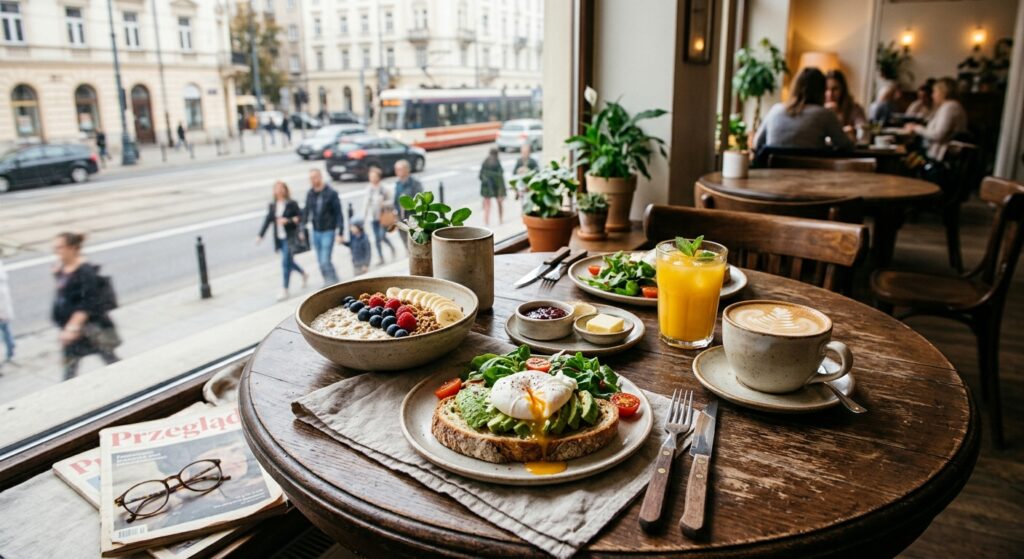 A professional, high-angle lifestyle shot of a delicious, rustic homemade breakfast served on a wood