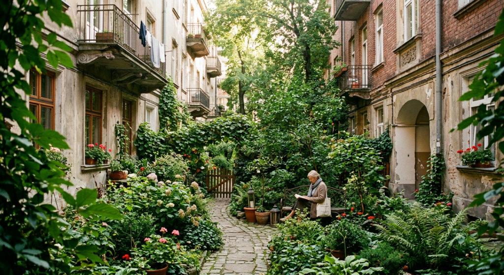 A cinematic, editorial-style photograph of a lush, secret urban garden tucked away in a narrow court