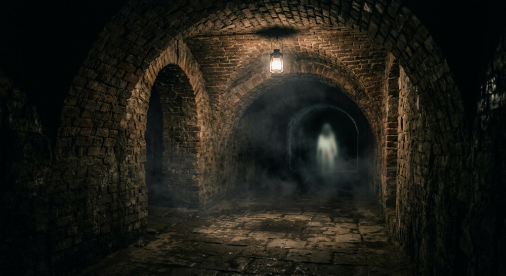 A cinematic, atmospheric shot of a dimly lit, vaulted brick cellar in Old Town Warsaw, with swirling