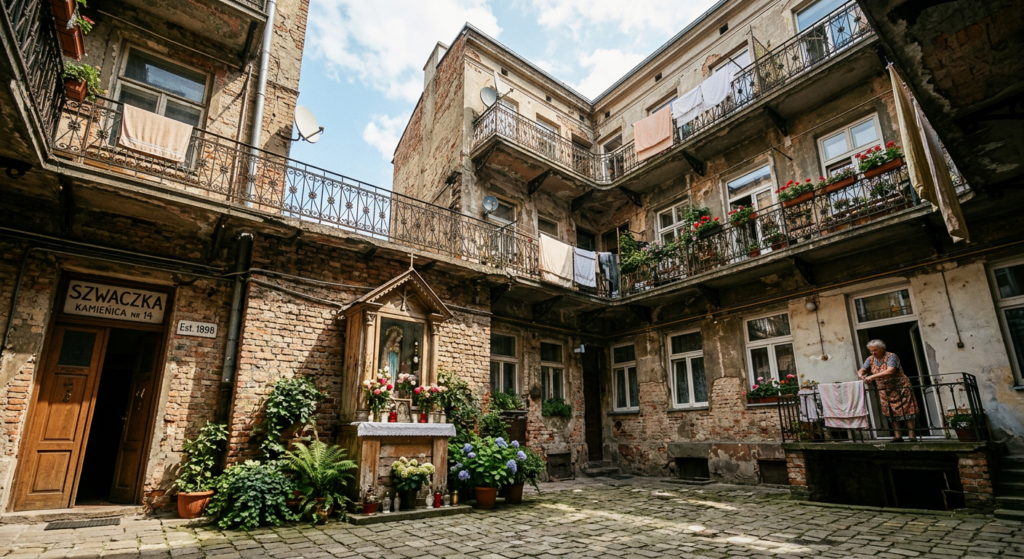 An atmospheric, editorial-style photograph of a sun-drenched, historic Warsaw tenement courtyard fea