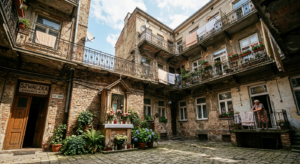 An atmospheric, editorial-style photograph of a sun-drenched, historic Warsaw tenement courtyard fea