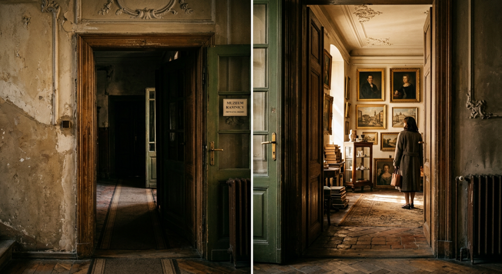 A cinematic, editorial-style photograph of a mysterious, sunlit doorway inside a historic Warsaw ten