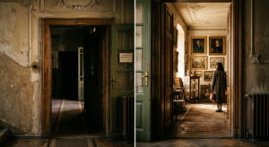 A cinematic, editorial-style photograph of a mysterious, sunlit doorway inside a historic Warsaw ten
