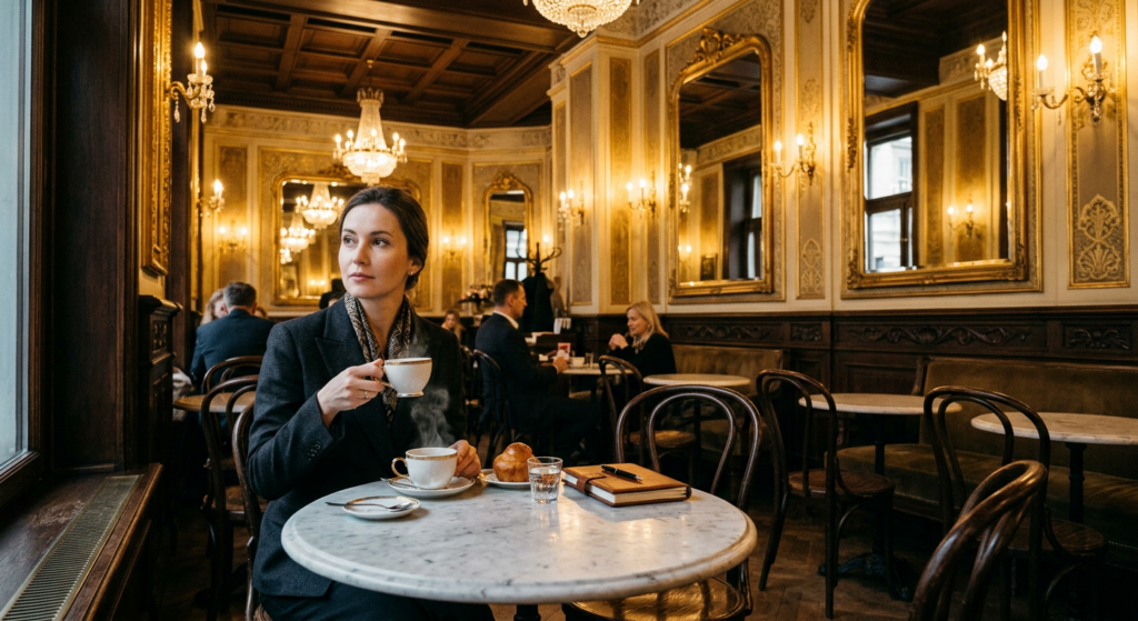 A cinematic, editorial-style photograph of a historic, elegant Warsaw café interior, featuring warm