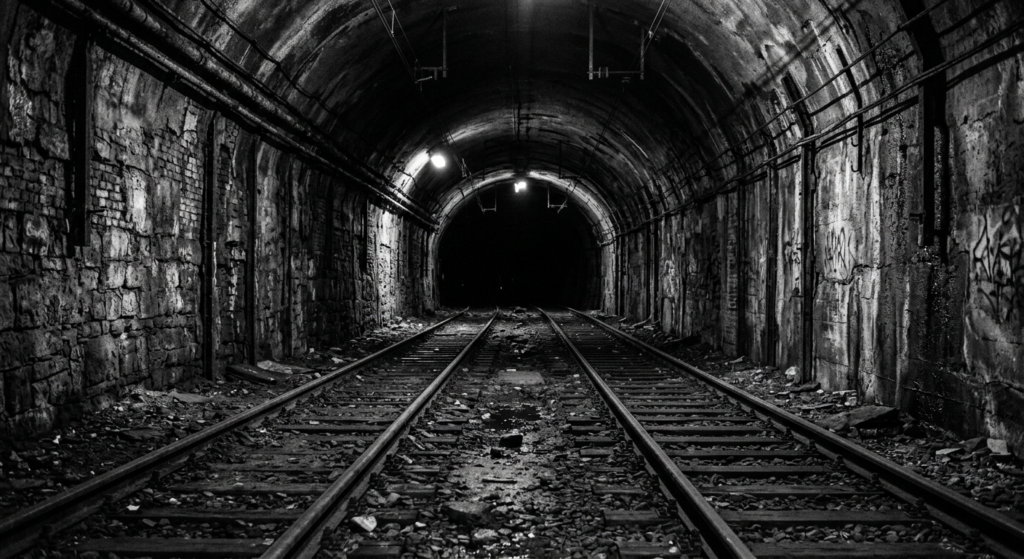 A cinematic, editorial-style photograph of a dimly lit, atmospheric abandoned railway tunnel beneath