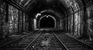 A cinematic, editorial-style photograph of a dimly lit, atmospheric abandoned railway tunnel beneath