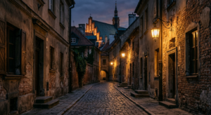 A cinematic, atmospheric shot of a hidden, narrow cobblestone alleyway in Warsaw's Old Market Square