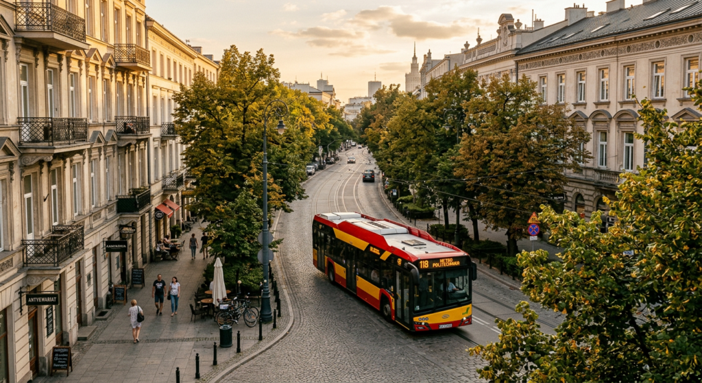 A high-angle editorial photograph of a modern Warsaw city bus traveling through a picturesque, leafy