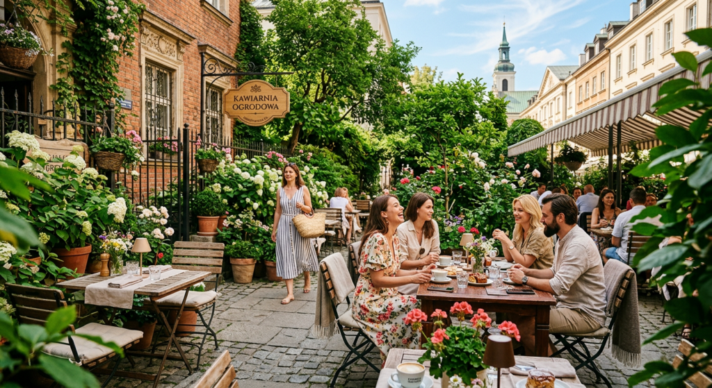 An elegant, sun-drenched outdoor cafe garden in Warsaw featuring lush greenery, cozy seating, and wo