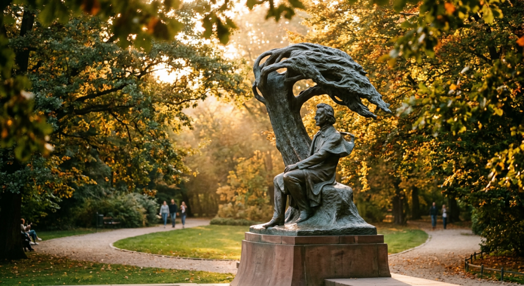 A cinematic, editorial-style photograph of a golden-hour sunlight filtering through the lush trees o