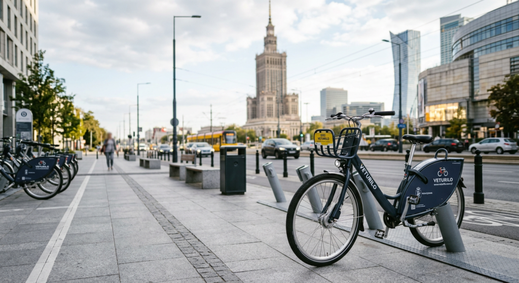 A professional, high-angle editorial shot of a Veturilo city bike parked on a clean, modern street i