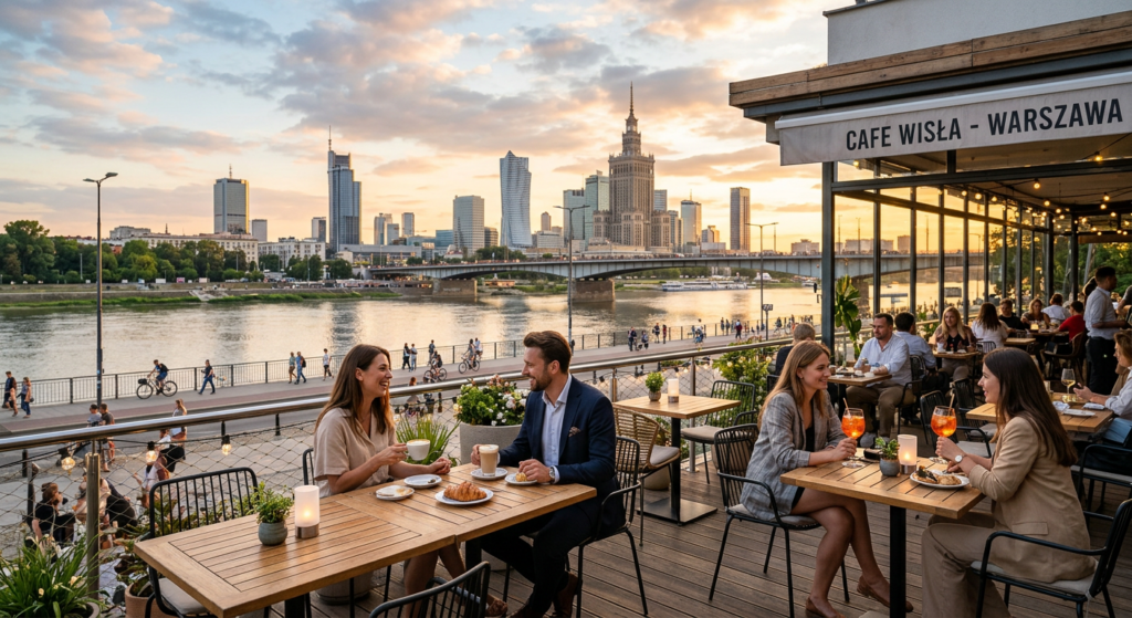A high-quality, professional editorial photograph of a stylish riverside café terrace in Warsaw, fea