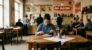 A professional editorial photograph of a classic, nostalgic Warsaw milk bar interior with authentic