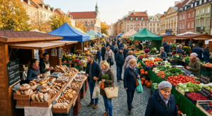 A vibrant, high-angle editorial photograph of a bustling Warsaw farmers' market featuring colorful s