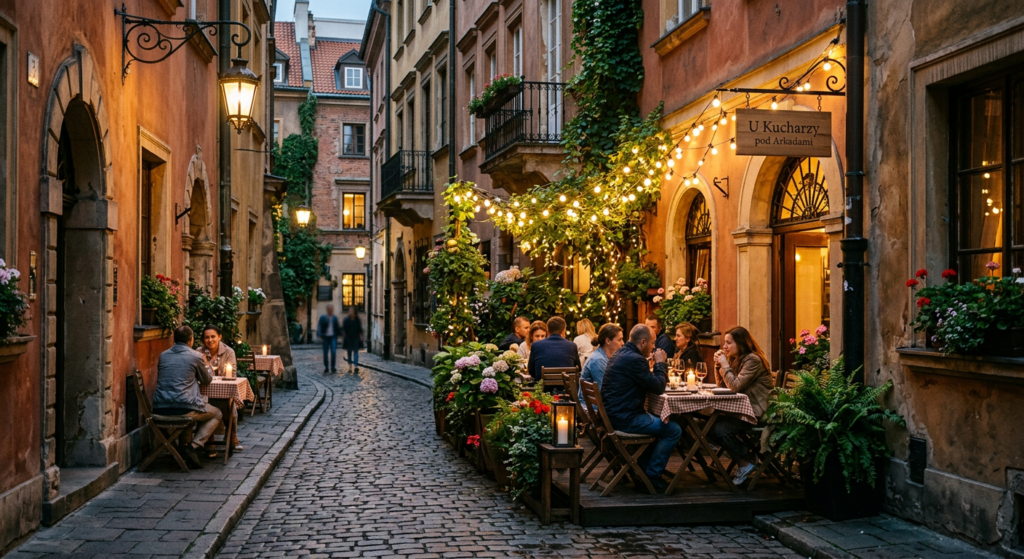 A professional editorial photograph of a cozy, secluded restaurant patio tucked away in a narrow, at