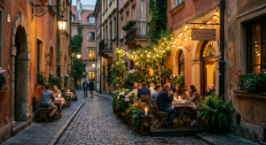 A professional editorial photograph of a cozy, secluded restaurant patio tucked away in a narrow, at