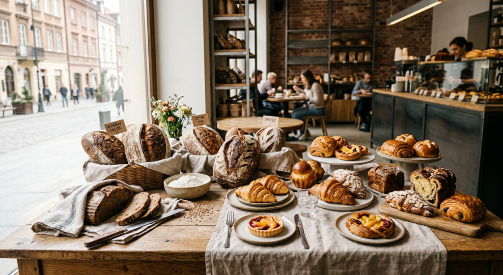 A professional, high-angle editorial shot of a variety of rustic artisanal sourdough breads and gold