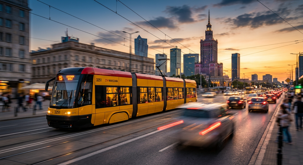 A sleek, modern editorial shot of a tram moving through a blurred Warsaw city street at sunset, capt